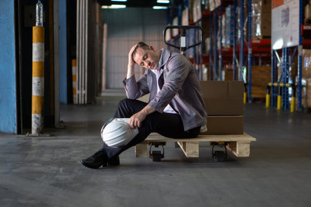 A warehouse worker rest on a wooden pallet surrounded by cardboard boxes. He appear exhausted, with...