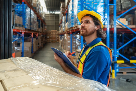 Young worker in blue uniform and safety helmet review inventory record on clipboard. Stand among stacked boxes in a busy storage area. Working atmosphere in general warehouse with racking systemの写真素材
