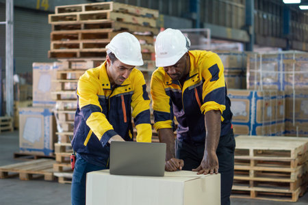Two worker wearing safety helmet are focused on a laptop placed on a large cardboard box. They are...