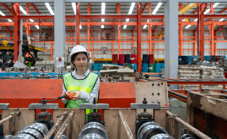 A woman in hardhat and safety vest operates industrial equipment inside a busy factory setting,...