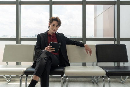 Young asian businessman dressed in a smart suit sit comfortably on a bench, engaging with a tablet...
