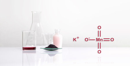 Potassium permanganate (KMnO4) with chemical structure, a common chemical compound that combines manganese oxide ore with potassium hydroxide.の写真素材