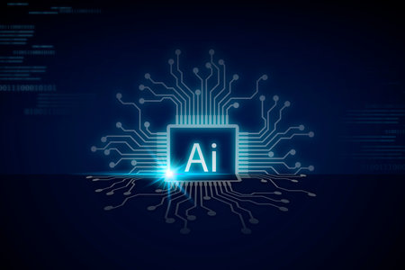 Visual representation of artificial intelligence concept featuring circuit pattern and glowing text on a dark background. This design highlight the fusion of technology and intelligence.の写真素材
