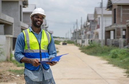 A construction worker in a safety vest and helmet is examining blueprint at a residential building...