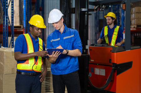 Two warehouse worker in hard hat and safety vest discuss operational detail while examining document...