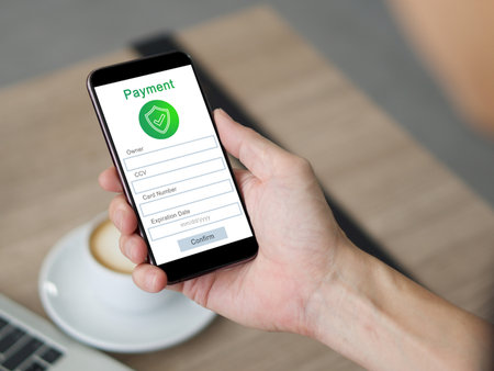 Closeup hand holding a smartphone. The phone show a payment form on its screen.の写真素材