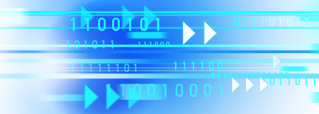 Dynamic blue digital background with binary code and arrow, symbolizing technology and data transfer