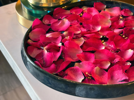 Vibrant rose petal rest on the surface of water in a bowl, creating a calming focal point in a wellness center. Soft light enhances the soothing atmosphere, ideal for meditation.の写真素材