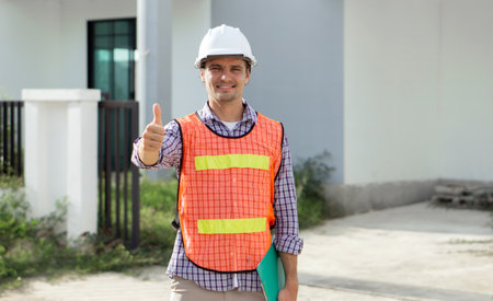 A construction worker wearing a hard hat and high-visibility vest stand at a building site. He smile and give a thumbs up, indicating a successful day of work.の写真素材