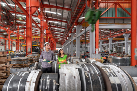 A woman in hardhat and safety vest operate industrial equipment inside a busy factory setting. Young male worker stand beside, check material while holding document clipboard.の写真素材