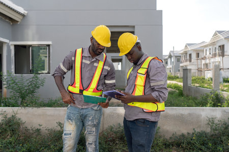 Two construction worker in a helmet and safety vest review plan on tablet at a building site. They focus intently on their task while discussing project detail.の写真素材