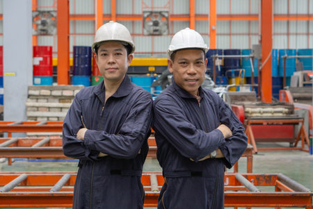 Two worker in a hardhat and mechanic coverall dust protection suit stand confidently with arm crossed in a vibrant industrial setting.の写真素材