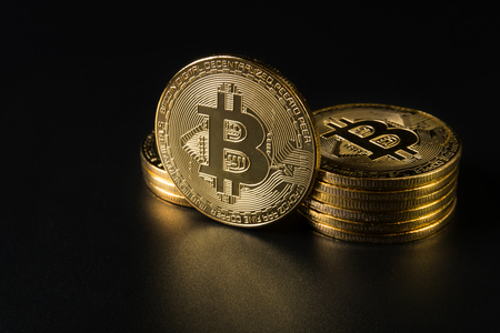 Blockchain technology, Crypto currency gold Bitcoin on dark backgroundの写真素材