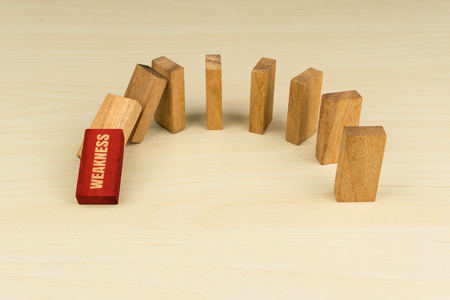 Domino effect concept, the first red piece with word 'weakness' falling towards the next pieceの写真素材