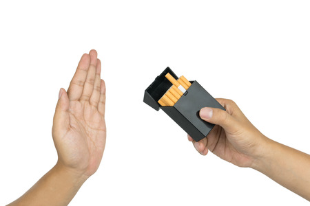 stop smoking concept, hand refusing to take the cigarette, isolated on white backgroundの写真素材