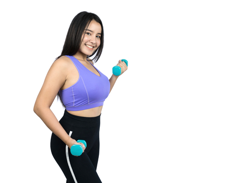 beautiful plus size Asian woman doing workout with dumbbells, isolated on white backgroundの写真素材
