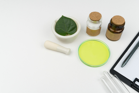 herbal medicine research concept. an organic green leaf in mortar, pestle, bottles, watch glass and three test tubes, a clipboard with pen on the white tableの写真素材