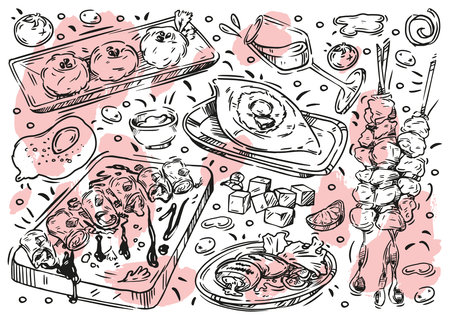 Hand drawn line vector illustration food on white background. Doodle Georgian cuisine: khachapuri adjaruli, mtsvadi barbecue, pkhali, saperavi, wine, garnet, sulguni cheeseのイラスト素材