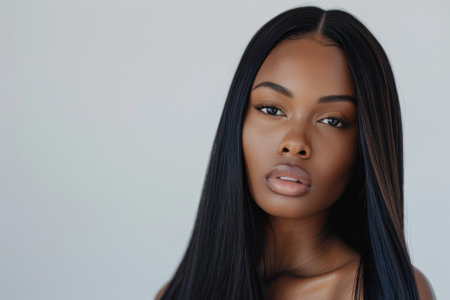 Portrait of a black girl with long black hair. Beautiful plump lips. Girl on a light gray background. From lux cosmetic brand.の素材
