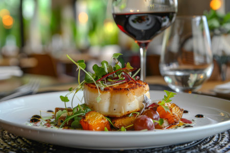 Dish of molecular cuisine. Premium restaurant. The food is beautifully presented on a white designer plate with a glasses of white and red wine. Macro shot on blurring light background.の素材