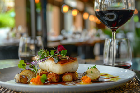 Dish of molecular cuisine. Premium restaurant. The food is beautifully presented on a white designer plate with a glasses of white and red wine. Macro shot on blurring light background.の素材