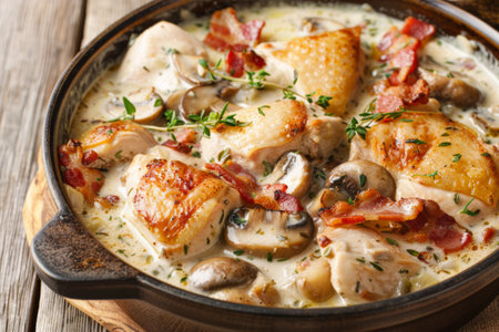 Hot chicken fricassee in a black Dutch oven on a wooden table - chicken meat browned and stewed in white wine cream sauce with mushrooms and microgreens.の素材