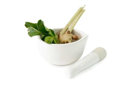 herbs and Mortar  isolated on white background の写真素材