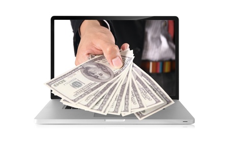 business hand coming out of laptop isolated on white の写真素材