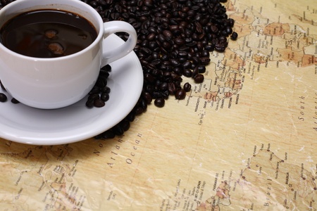 coffee beans on world map backgroundの写真素材