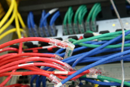 close up red rj45 switch and patch cables