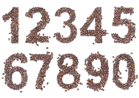 number made with coffee beans on a white background の写真素材