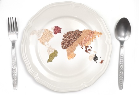 global foods and plate on white backgroundの写真素材