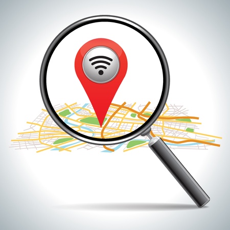  red Wifi connection and magnifying, map pointer on white  のイラスト素材