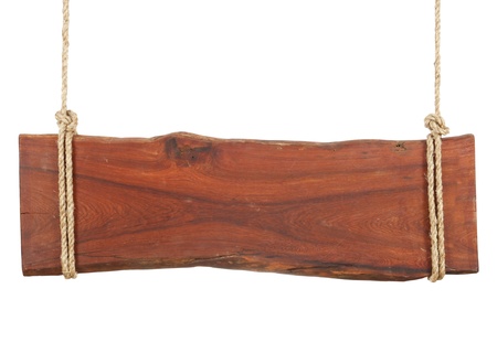 wooden sign hang on white background の写真素材