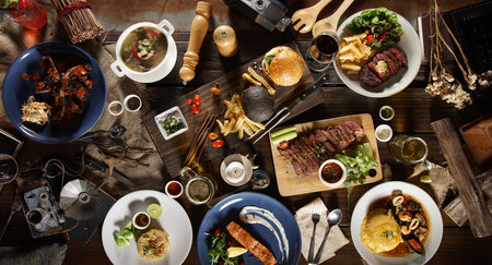 international mix set foods top view on table