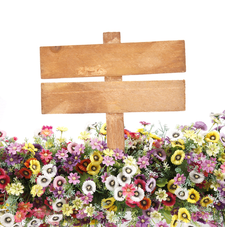 blank wooden sign and flowers.の写真素材