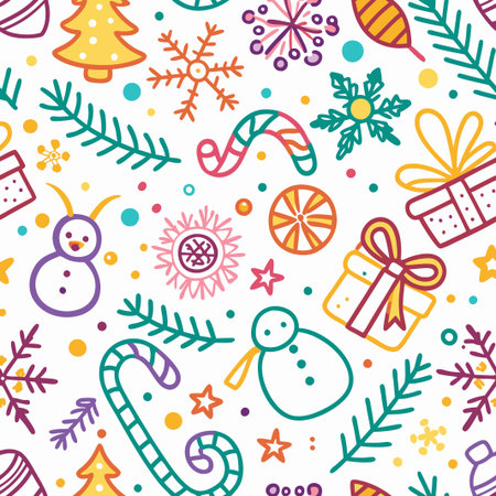 Colorful Christmas seamless pattern with presents, snowmen, candy canes, snowflakes, and fir branches.の素材
