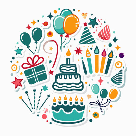 Colorful birthday party icons arranged in a circle.の素材