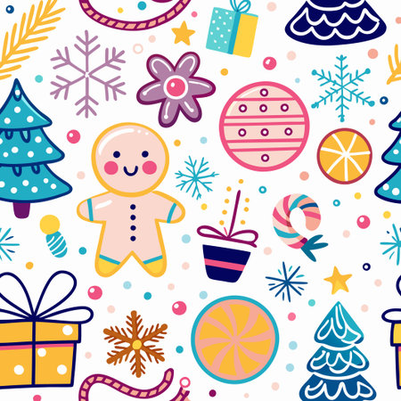 Colorful Christmas seamless pattern with gingerbread man, gifts, and snowflakes.の素材