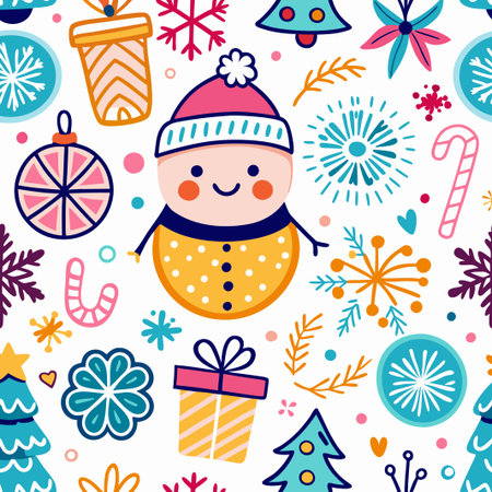 Cheerful Christmas seamless pattern with snowman, gifts, and snowflakes.の素材