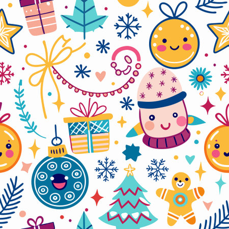 Cheerful Christmas seamless pattern with gifts, ornaments, and snowflakes.の素材