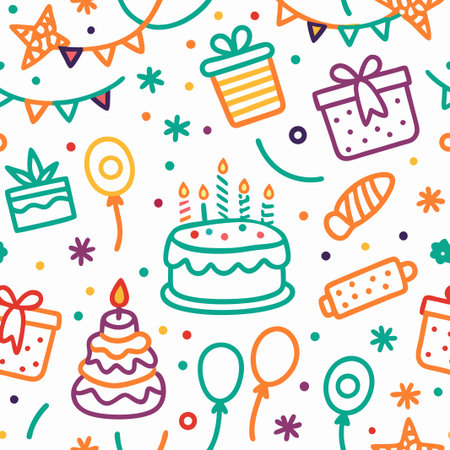 Festive birthday party seamless pattern with cake, gifts, balloons, and confetti.の素材