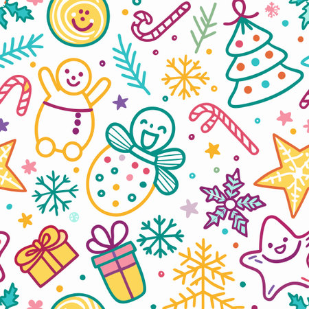 Cheerful Christmas seamless pattern with gingerbread men, candy canes, stars, snowflakes, and gifts.の素材
