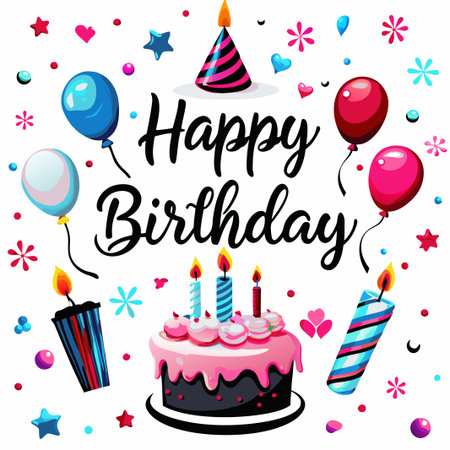 Colorful Happy Birthday cake with balloons and candles.の素材