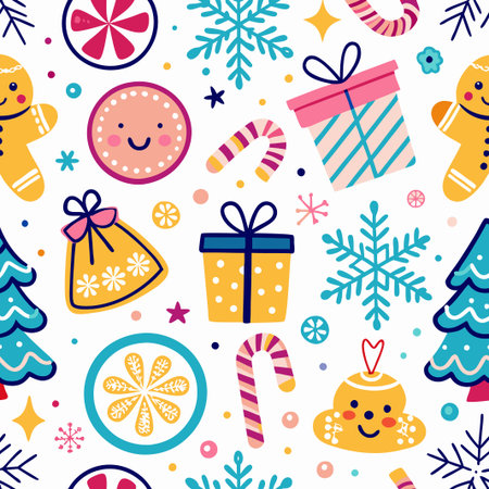Cheerful Christmas seamless pattern with gifts, candy, and gingerbread men.の素材