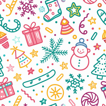 Colorful Christmas seamless pattern with festive icons.の素材