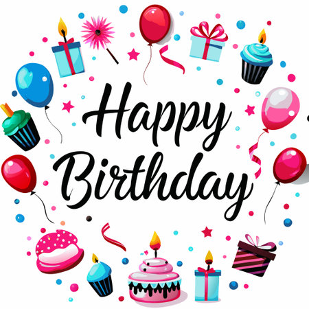 Happy Birthday celebration with balloons, gifts, cake, and cupcakes.の素材