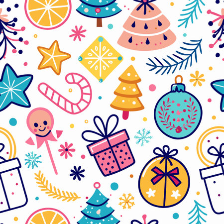 Colorful Christmas seamless pattern with festive elements.の素材