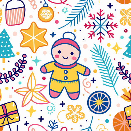 Cheerful Christmas seamless pattern with gingerbread man, ornaments, and snowflakes.の素材