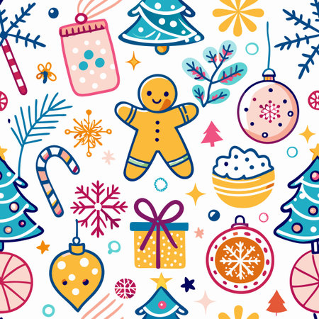 Cheerful Christmas seamless pattern with hand-drawn elements.の素材